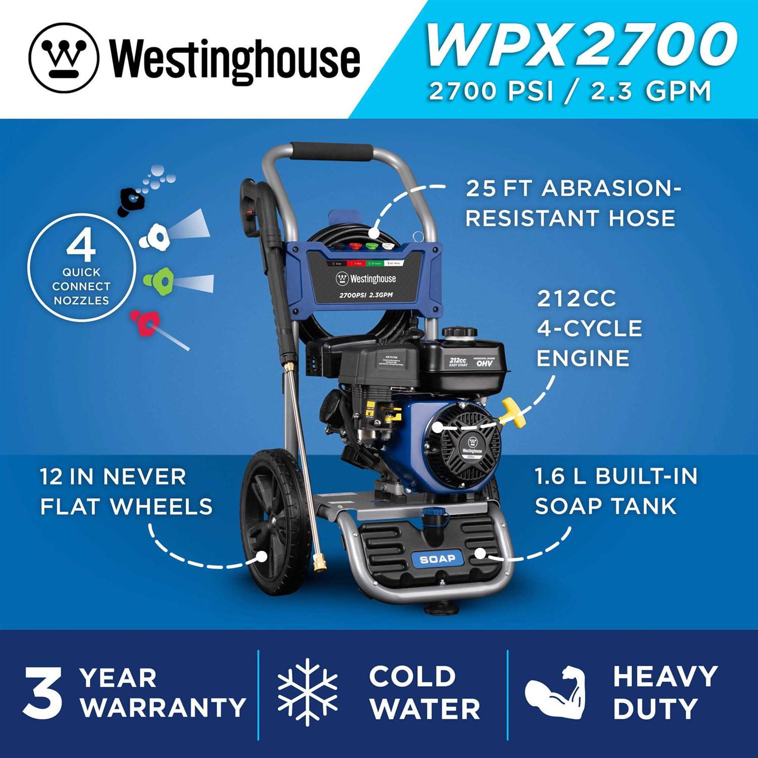 Westinghouse 2700-PSI 2.3 GPM Gas Pressure Washer with 4 Nozzles & Soap Tank WPX2700 - Image 2