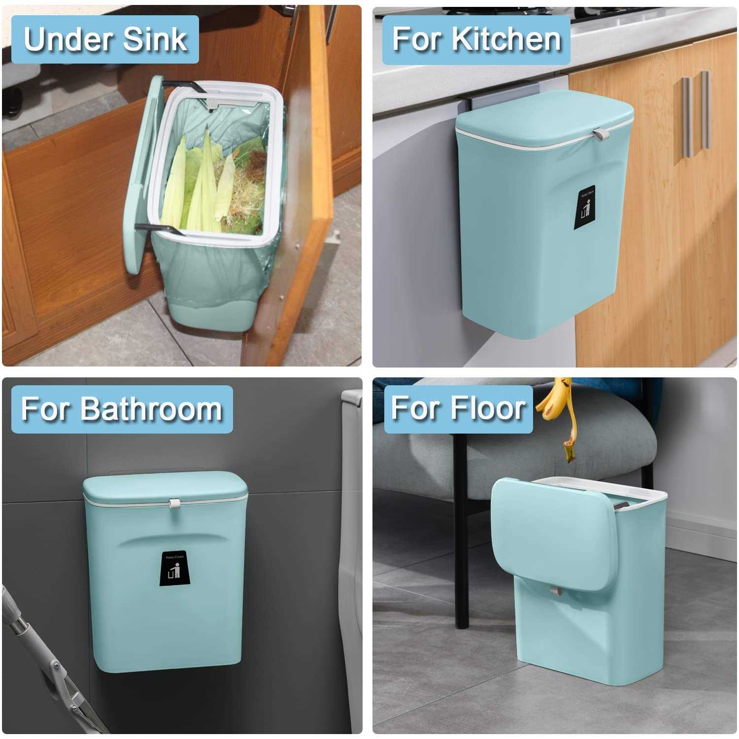 Tiyafuro 2.4 Gallon Kitchen Compost Bin for Counter Top or Under Sink Hanging Small Trash Can with Lid for Cupboard/bathroom/bedroom/office/camping - Image 2