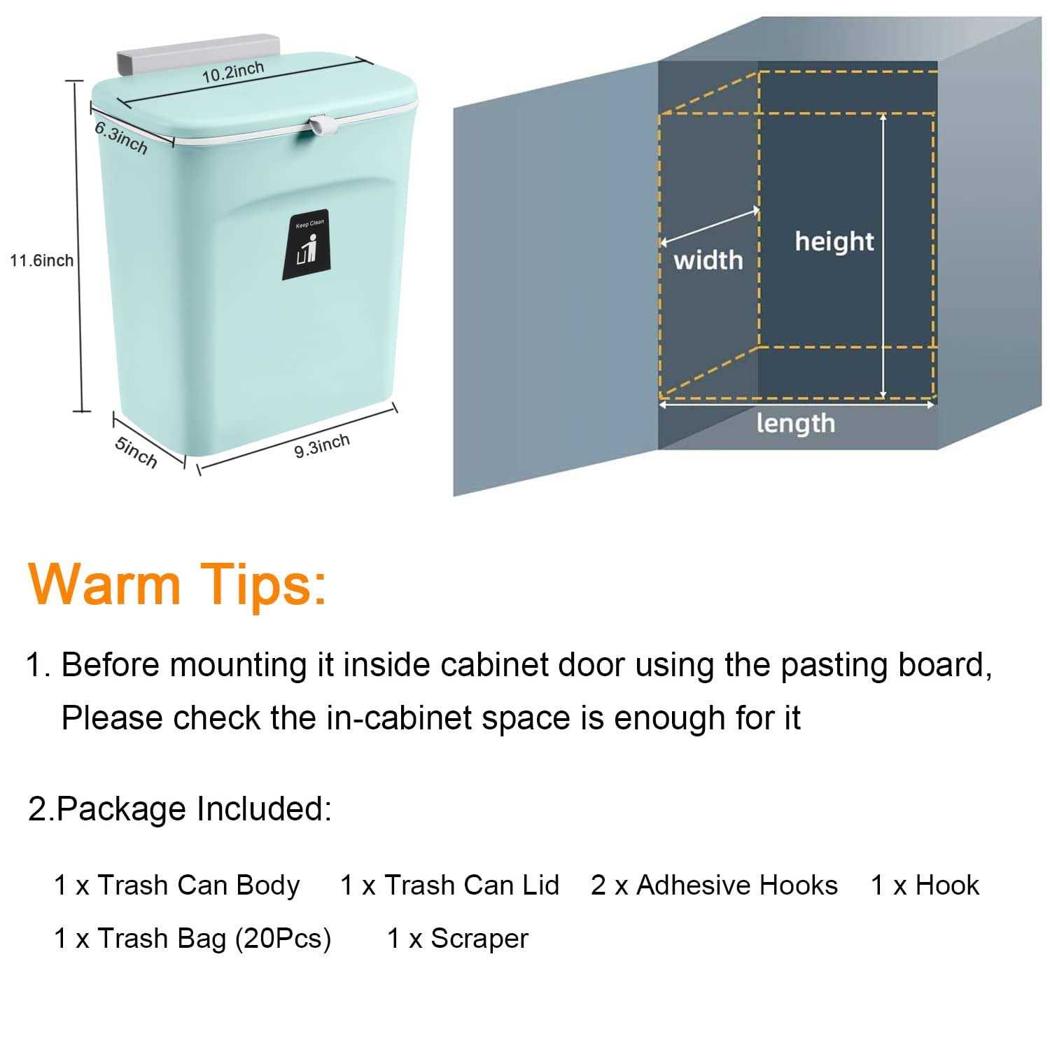 Tiyafuro 2.4 Gallon Kitchen Compost Bin for Counter Top or Under Sink Hanging Small Trash Can with Lid for Cupboard/bathroom/bedroom/office/camping - Image 3