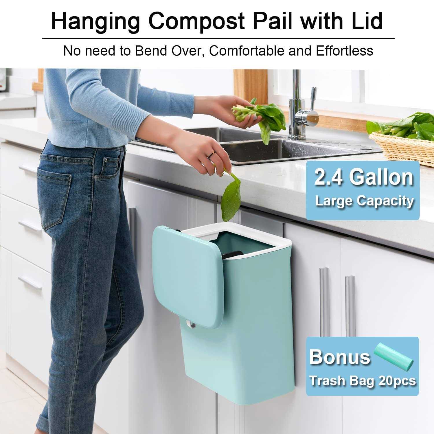 Tiyafuro 2.4 Gallon Kitchen Compost Bin for Counter Top or Under Sink Hanging Small Trash Can with Lid for Cupboard/bathroom/bedroom/office/camping - Image 4