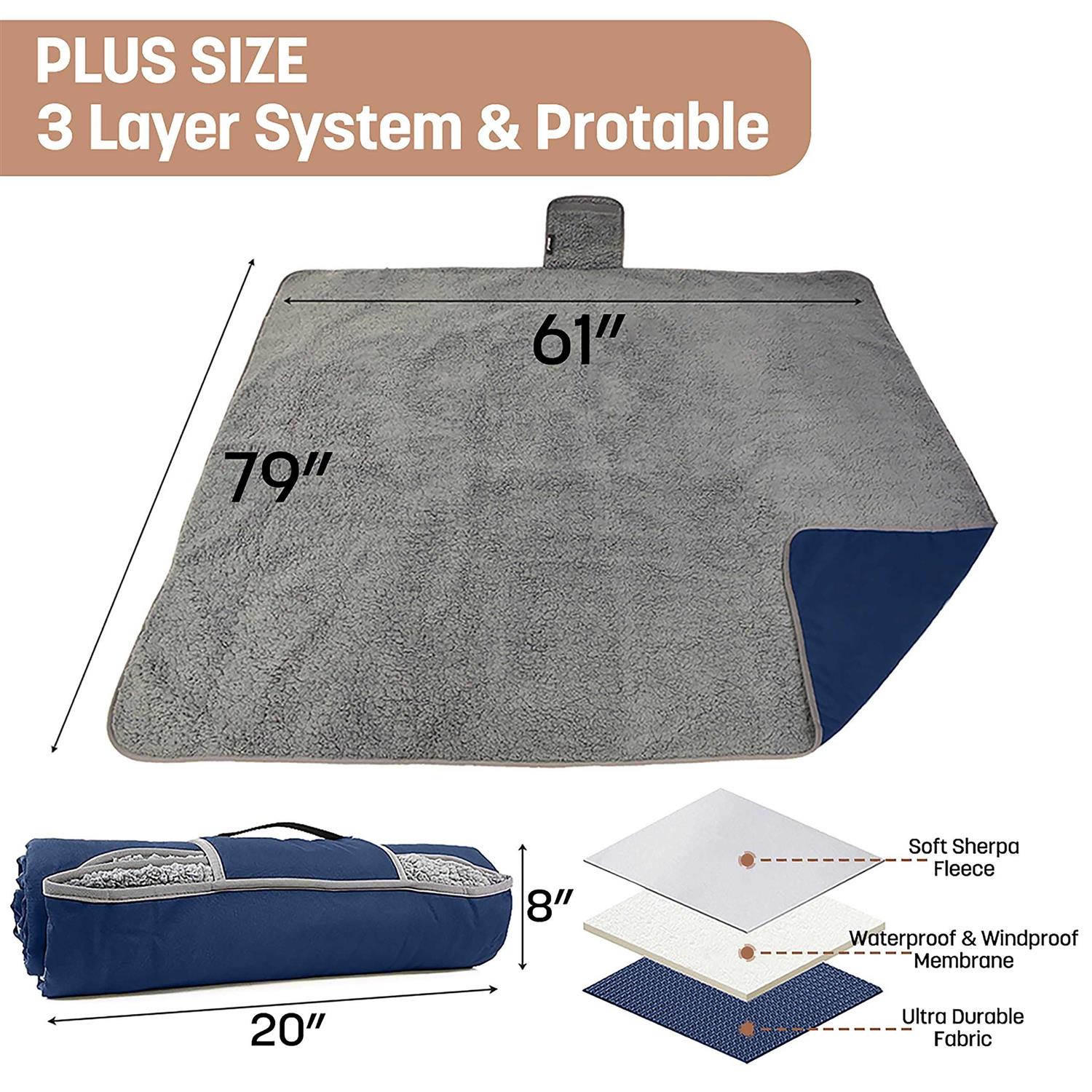 Tirrinia Waterproof Outdoor Blanket with Sherpa Lining Windproof Triple Layers Warm Comfy Foldable for Camping Stadium - Image 2