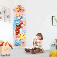 Stuffed Animal Storage Wood Soft Toy Shelf with Adjustable Length Nursery Toy Organizer Hammock