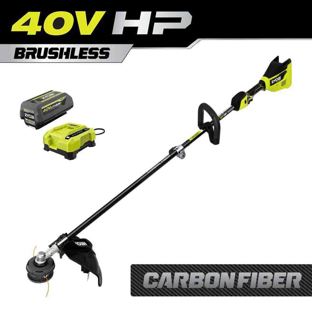 RYOBI 40V HP Brushless Cordless Carbon Fiber Shaft Attachment String Trimmer 4.0 Ah Battery Charger