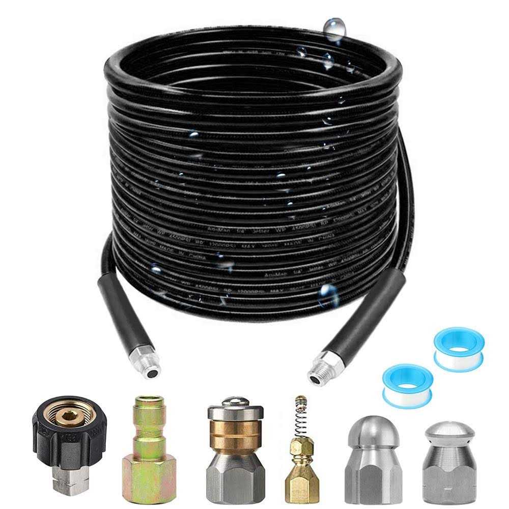 selkie pressure washer sewer jetter kit hydro drain jetter cleaner hose, corner, rotating and button nose sewer