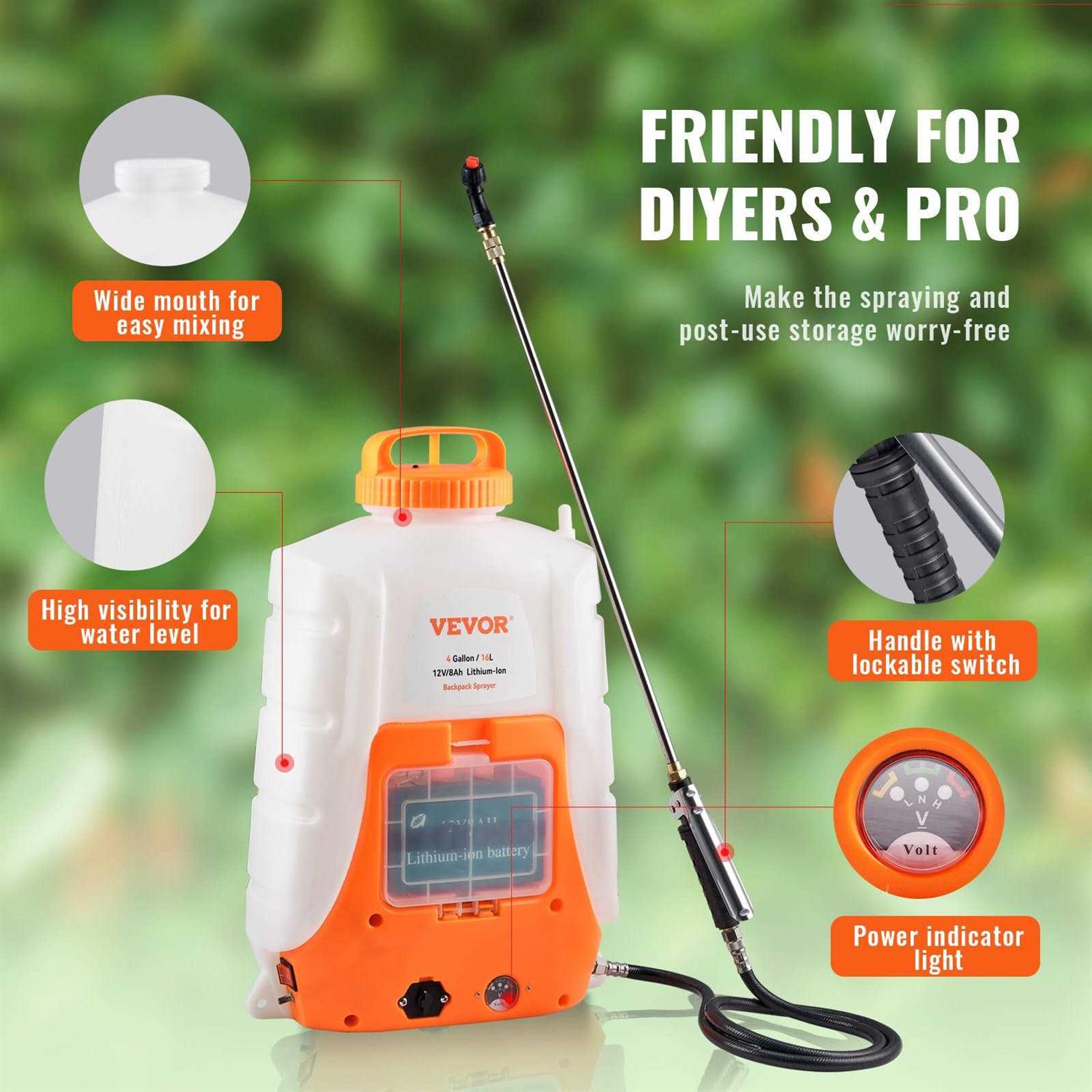 VEVOR Backpack Sprayer 4 Gal Tank 0-90 PSI Adjustable Pressure Battery Powered - Image 2