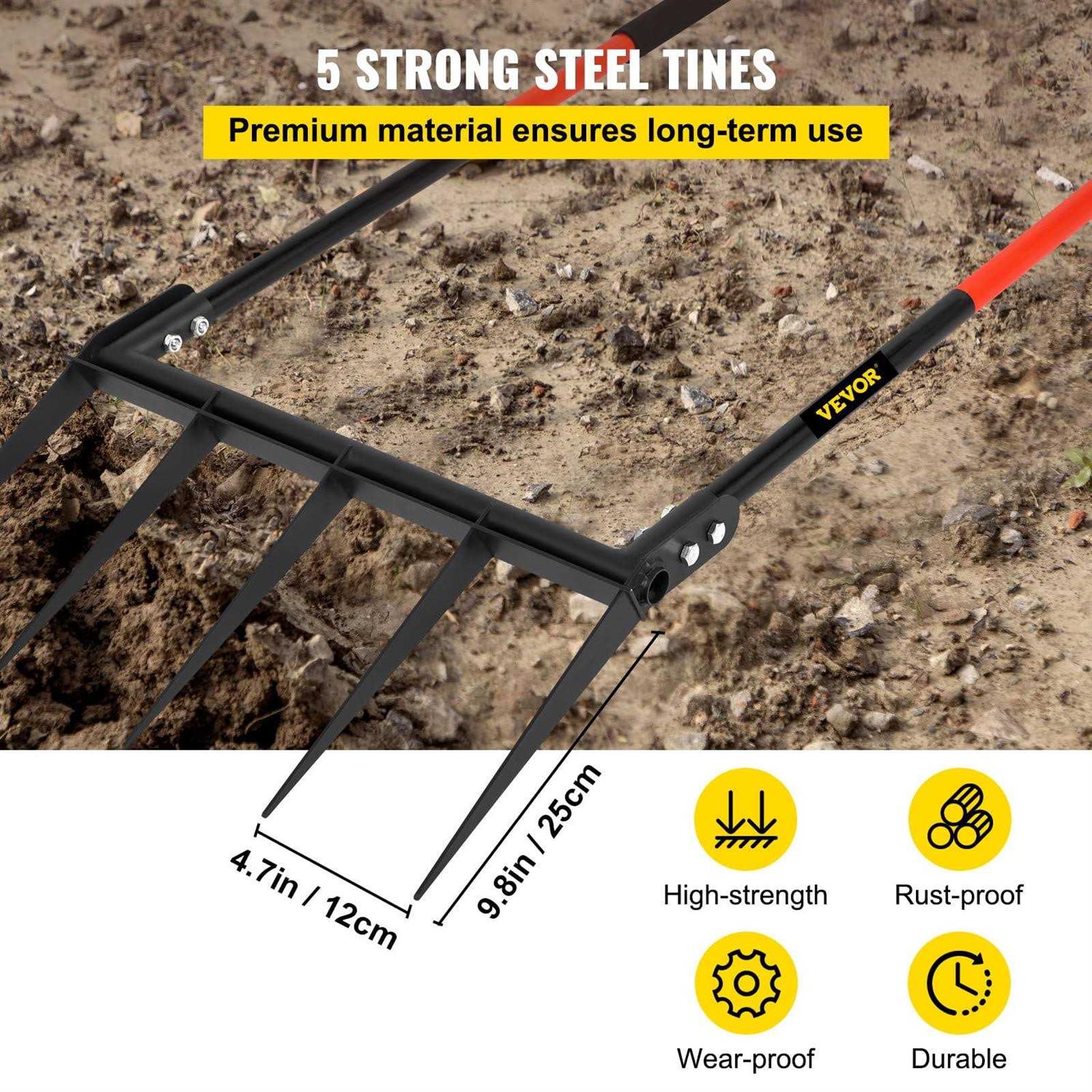 VEVOR Broad Fork Tool, 5 Tines 20 in Wide, Garden Tool with Fiberglass Handle for Gardening and Cultivating - Image 2