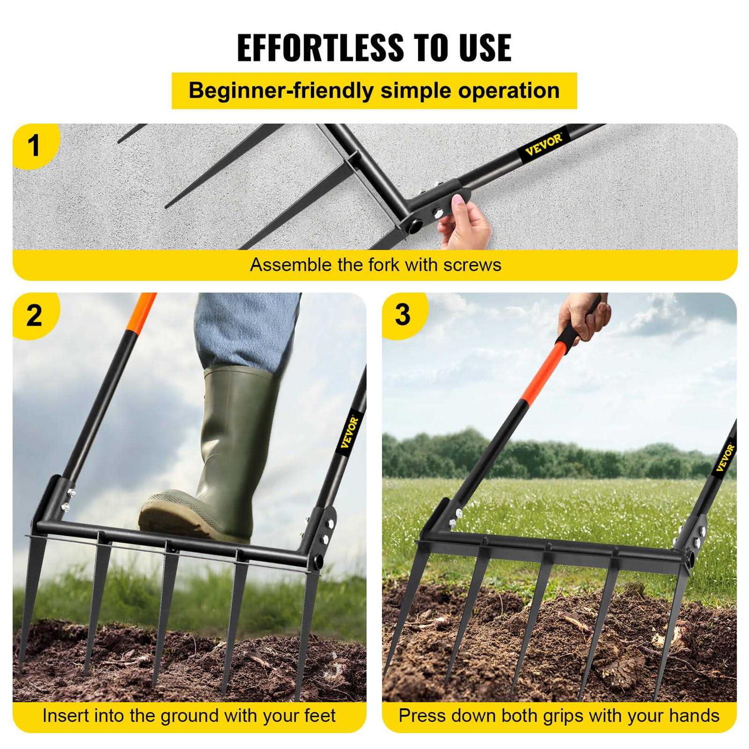 VEVOR Broad Fork Tool, 5 Tines 20 in Wide, Garden Tool with Fiberglass Handle for Gardening and Cultivating - Image 4