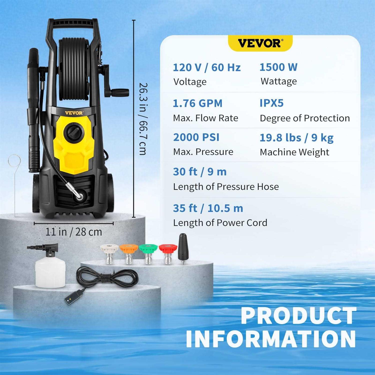 VEVOR Electric Pressure Washer 2000 PSI Max. 1.76 GPM Power Washer w/ 30 ft Hose & Reel - Image 2