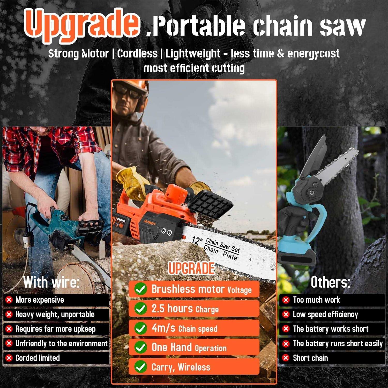Untimaty 12 inch Cordless Chainsaw, 900w Brushless Motor Battery Operated Chain Saw with 21V Rechargeable 3.0Ah Battery and Charger - Image 2