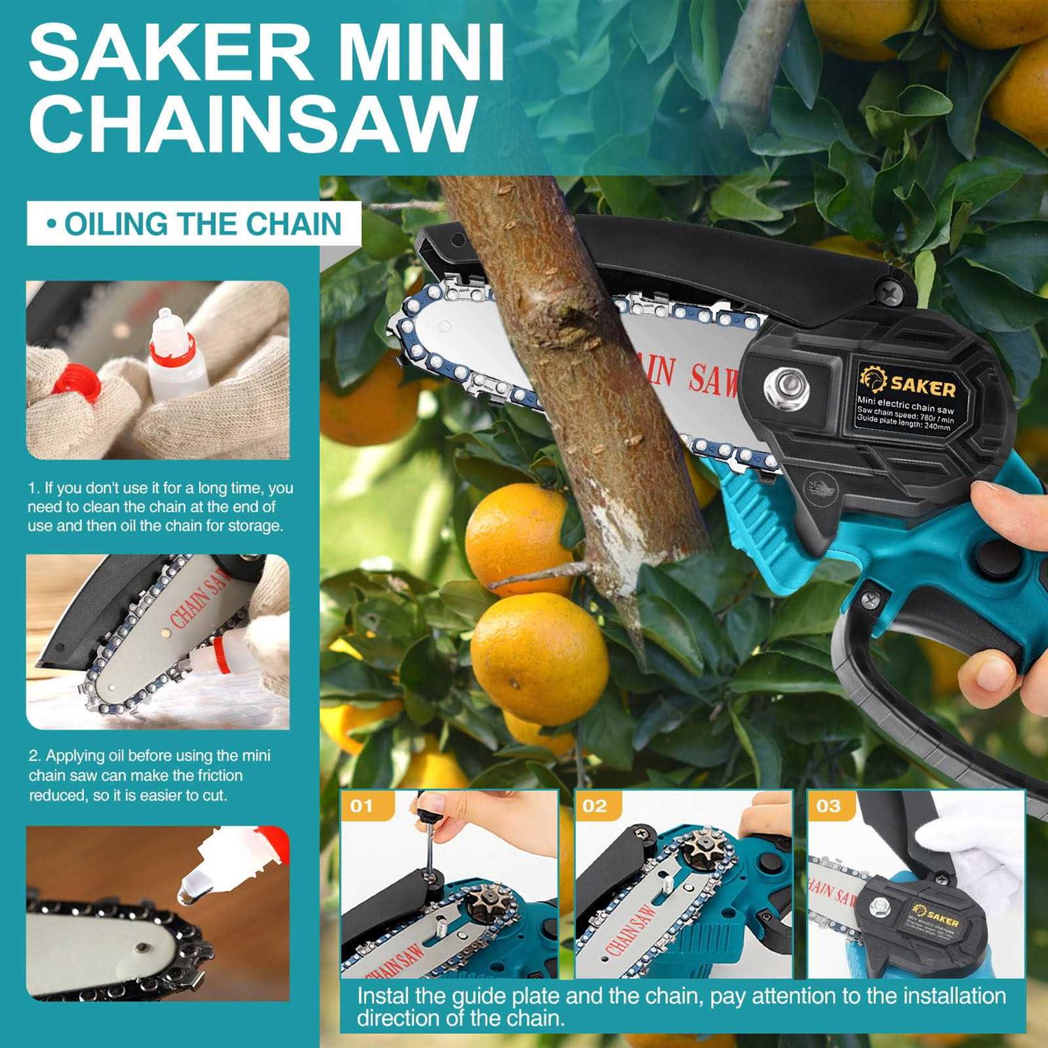 Saker 6 Inch Mini Chainsaw Handheld Pruning Chainsaw Electric Cordless Chainsaw for Tree Branches - Image 2