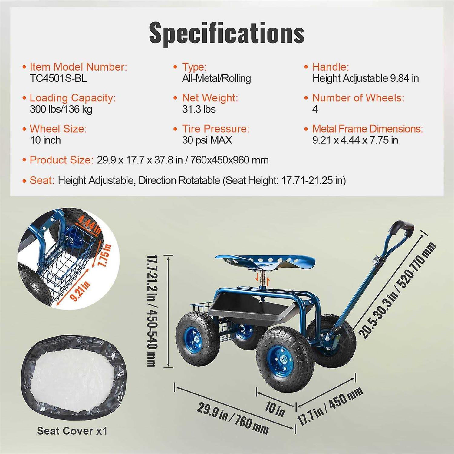 VEVOR Garden Rolling Wheels Gardening Stool for Planting - Image 5