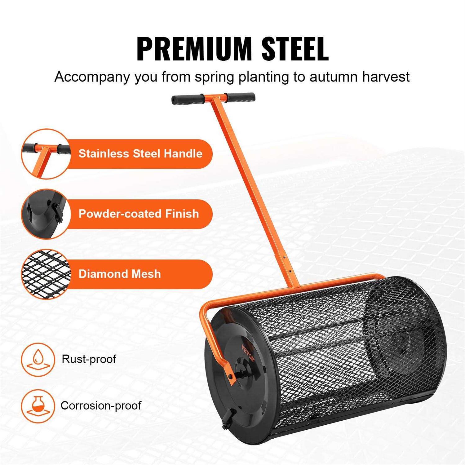 VEVOR 24 in. Compost Spreader Adjustable Heights Peat Moss Spreader Rust-Proof and Corrosion-Proof for Lawn Garden Care - Image 5