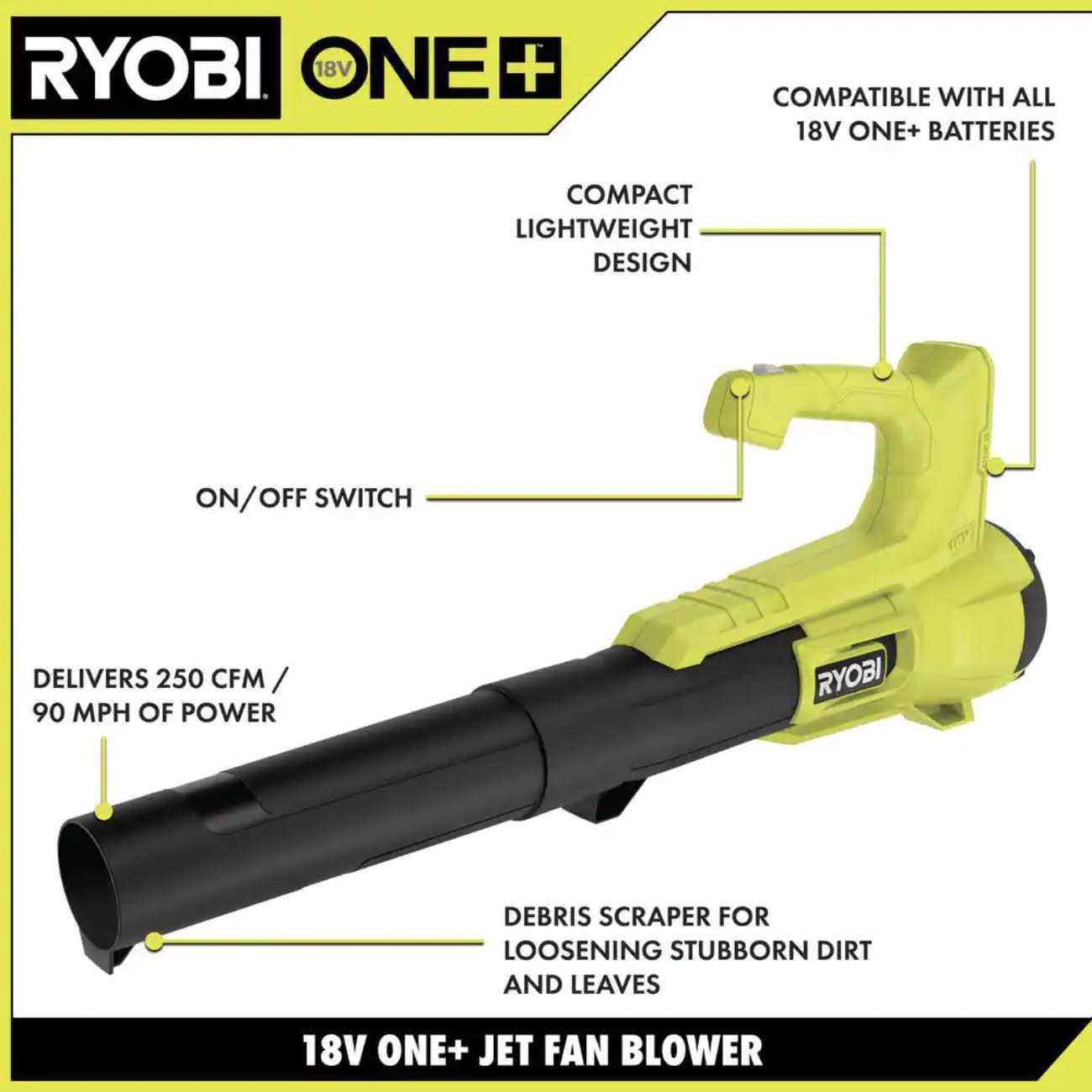 Ryobi ONE+ 18V 90 MPH 250 CFM Cordless Battery Leaf Blower - Image 3