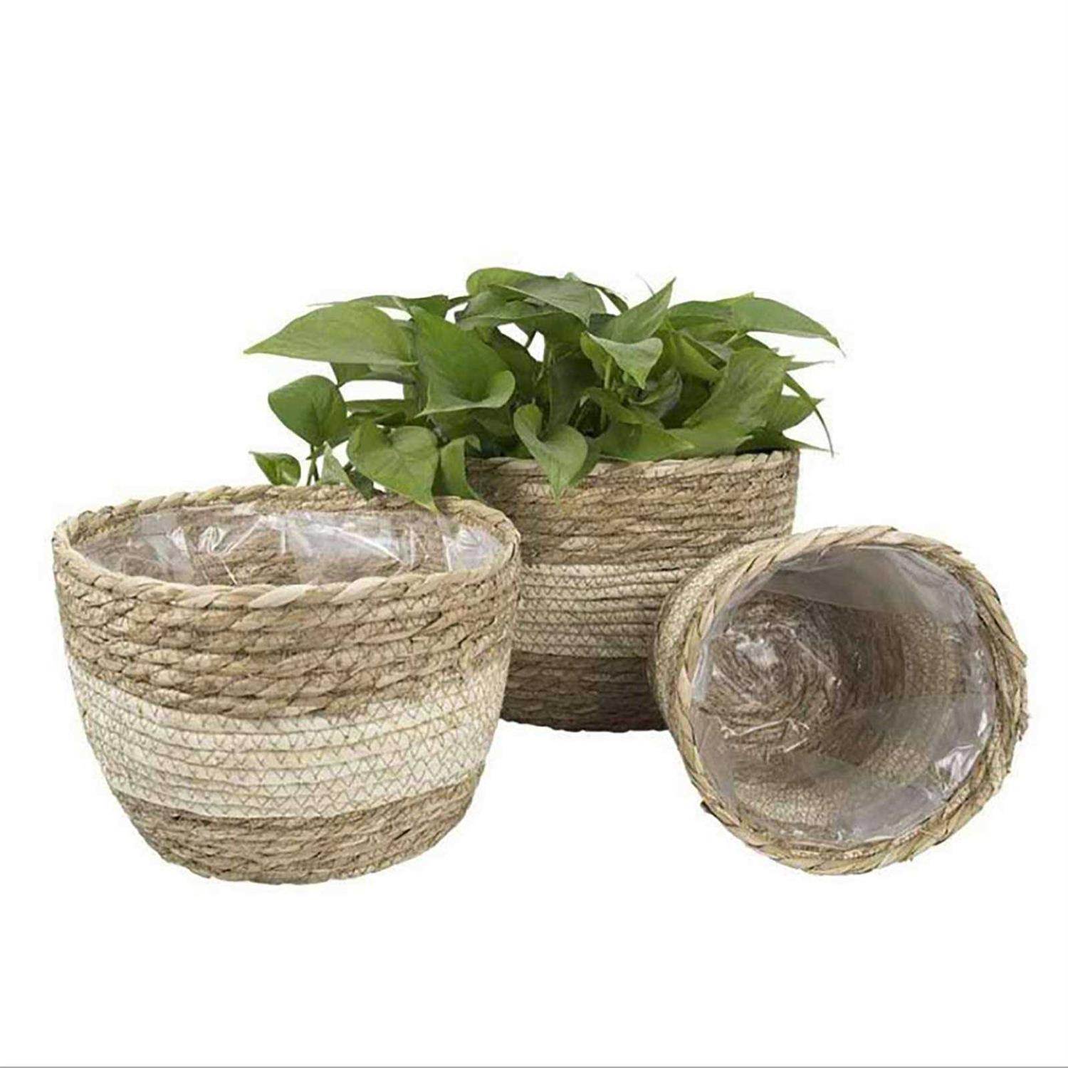 SANGDA Seagrass Basket Planters Flower Pots Cover Storage Basket Plant Containers Hand Woven Basket Planter with Plastic Liners Straw Flower Pot - Image 2
