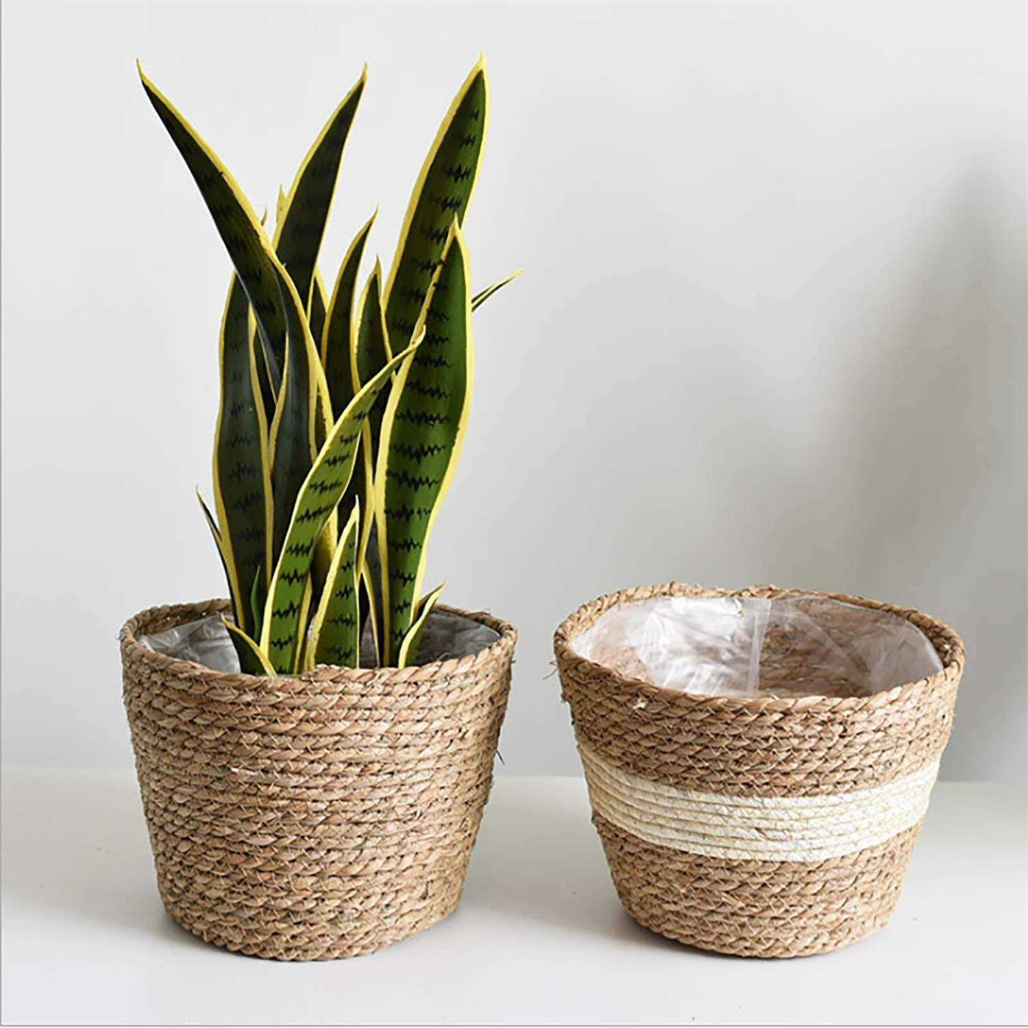 SANGDA Seagrass Basket Planters Flower Pots Cover Storage Basket Plant Containers Hand Woven Basket Planter with Plastic Liners Straw Flower Pot - Image 3