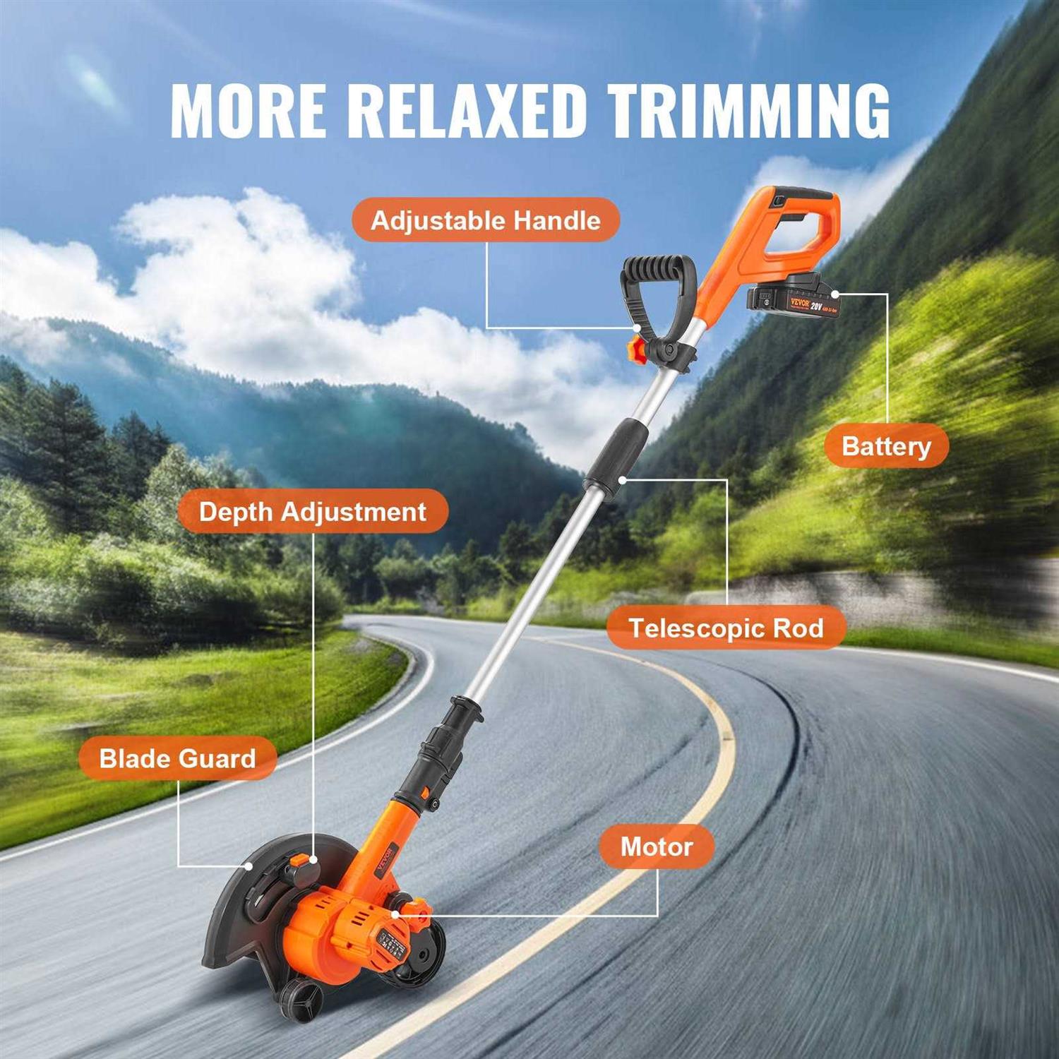 VEVOR Lawn Edger, 20 V Battery Powered Cordless Edger, 9-inch Blade Edger Lawn Tool with 3-Position Blade Depth, Battery and Charger Included - Image 2