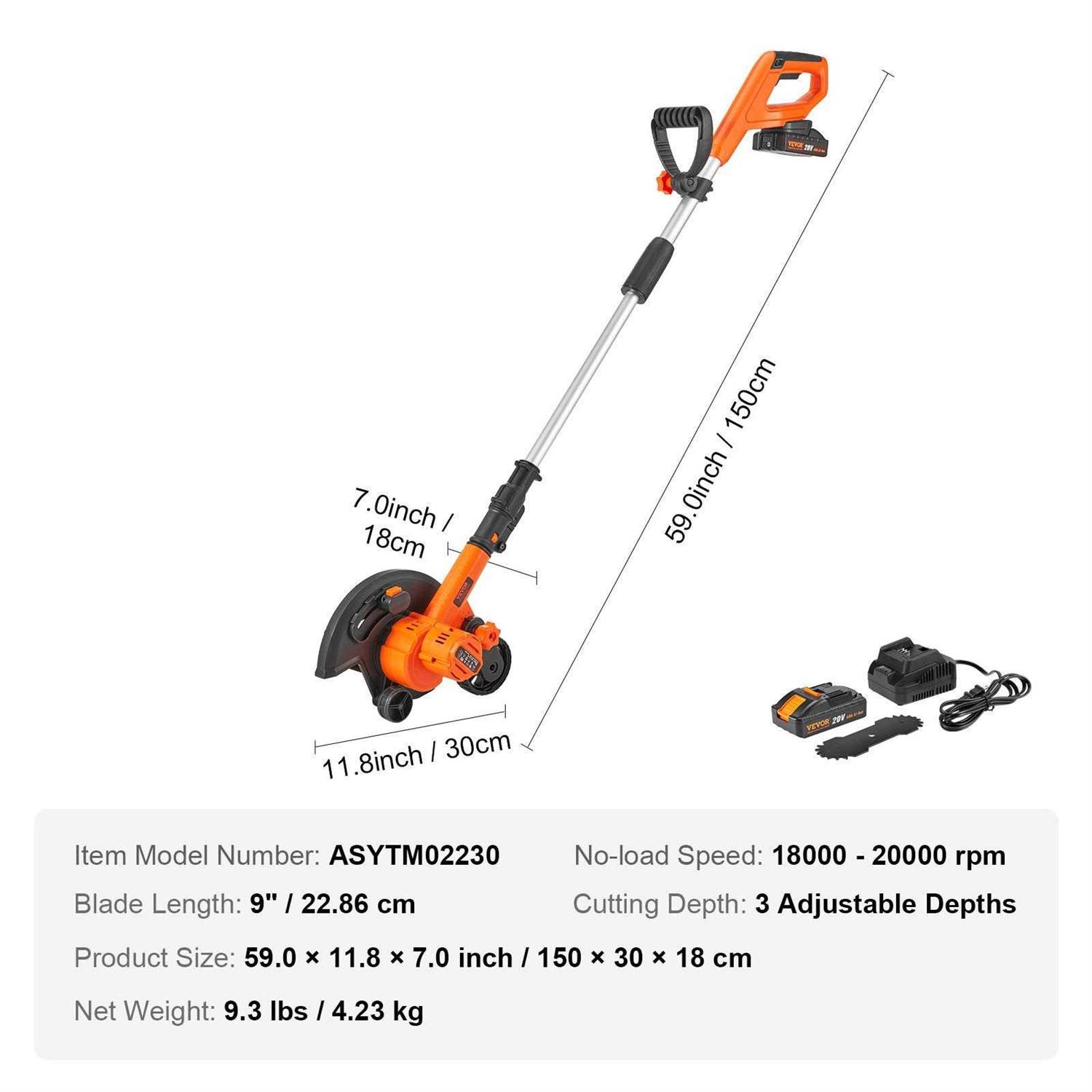 VEVOR Lawn Edger, 20 V Battery Powered Cordless Edger, 9-inch Blade Edger Lawn Tool with 3-Position Blade Depth, Battery and Charger Included - Image 3