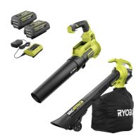 RYOBI 40V Cordless 110 MPH 525 CFM Cordless Leaf Blower and Cordless Leaf Vacuum/Mulcher w/ Batteries and Chargers