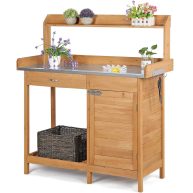 Topeakmart Outdoor Potting Bench Table Work Station Garden Planting with Cabinet & Drawer & Top Shelf & Lower Shelf