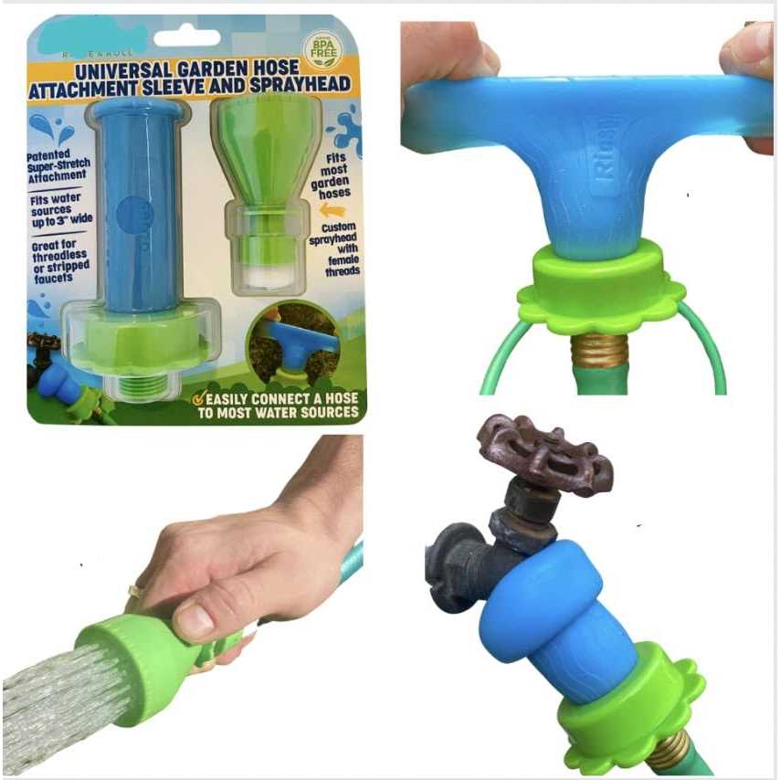 Rinseroo Universal Garden Hose Attachment Sleeve & Sprayhead Stretch-to-Connect Hose Connector & Sprayer
