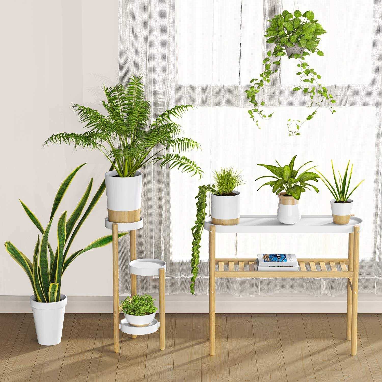 Wisuce Bamboo plant Shelf Indoor 2 Tier Tall plant Stand Table for Multiple Plants - Image 2