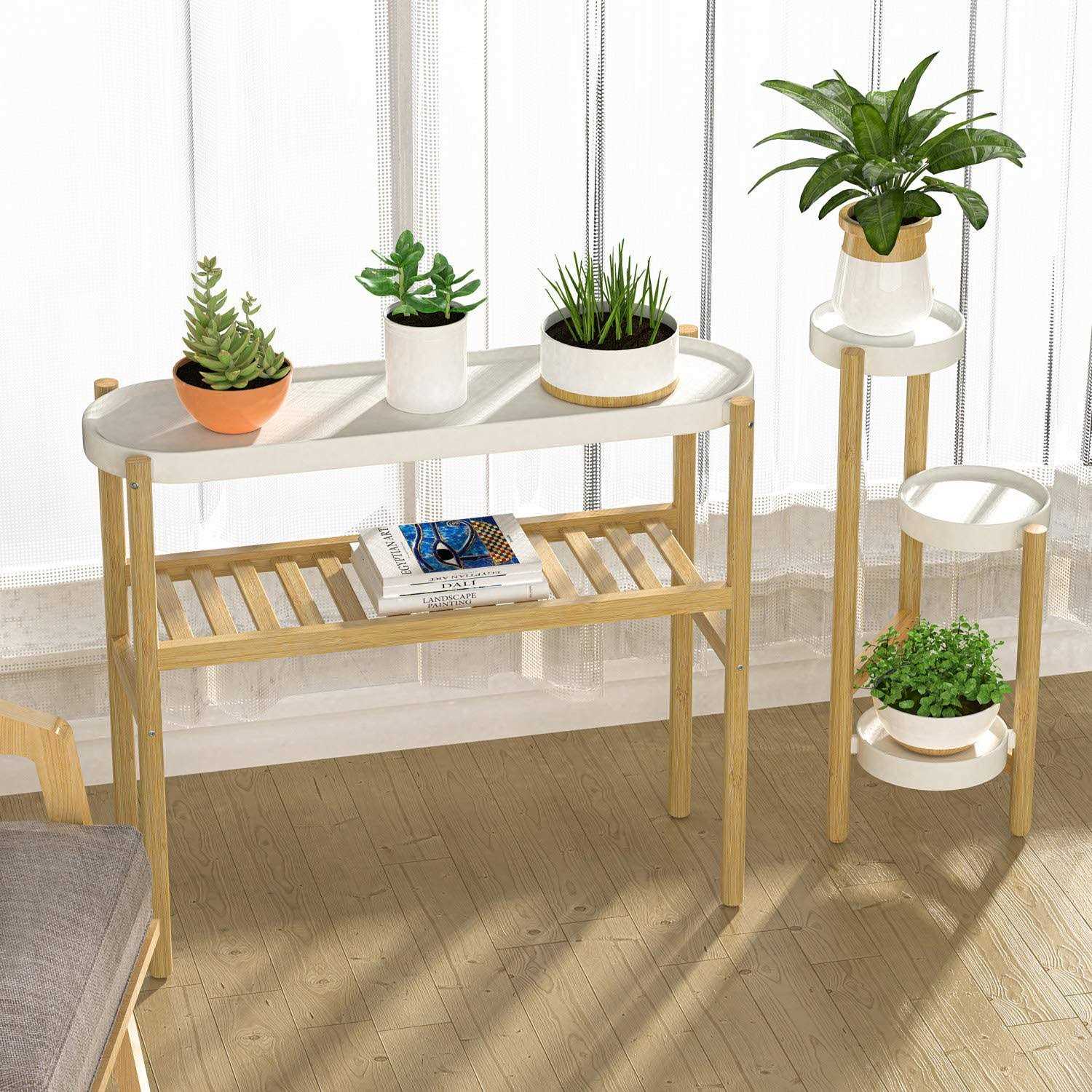 Wisuce Bamboo plant Shelf Indoor 2 Tier Tall plant Stand Table for Multiple Plants - Image 5