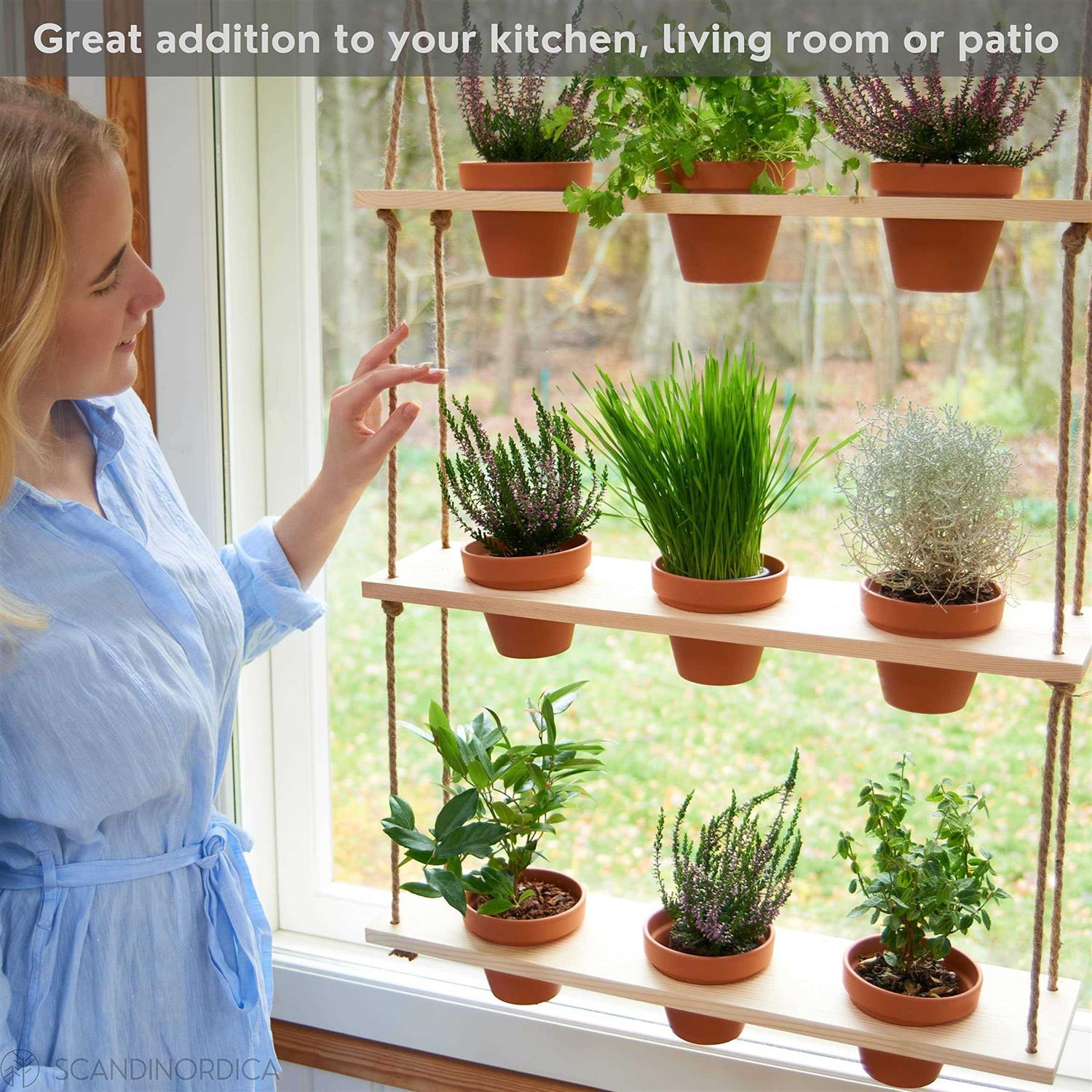 SCANDINORDICA Hanging Window Planter – 3 Tiered Wood Floating Window Herb Garden Shelf with Holes and Rope - Image 2