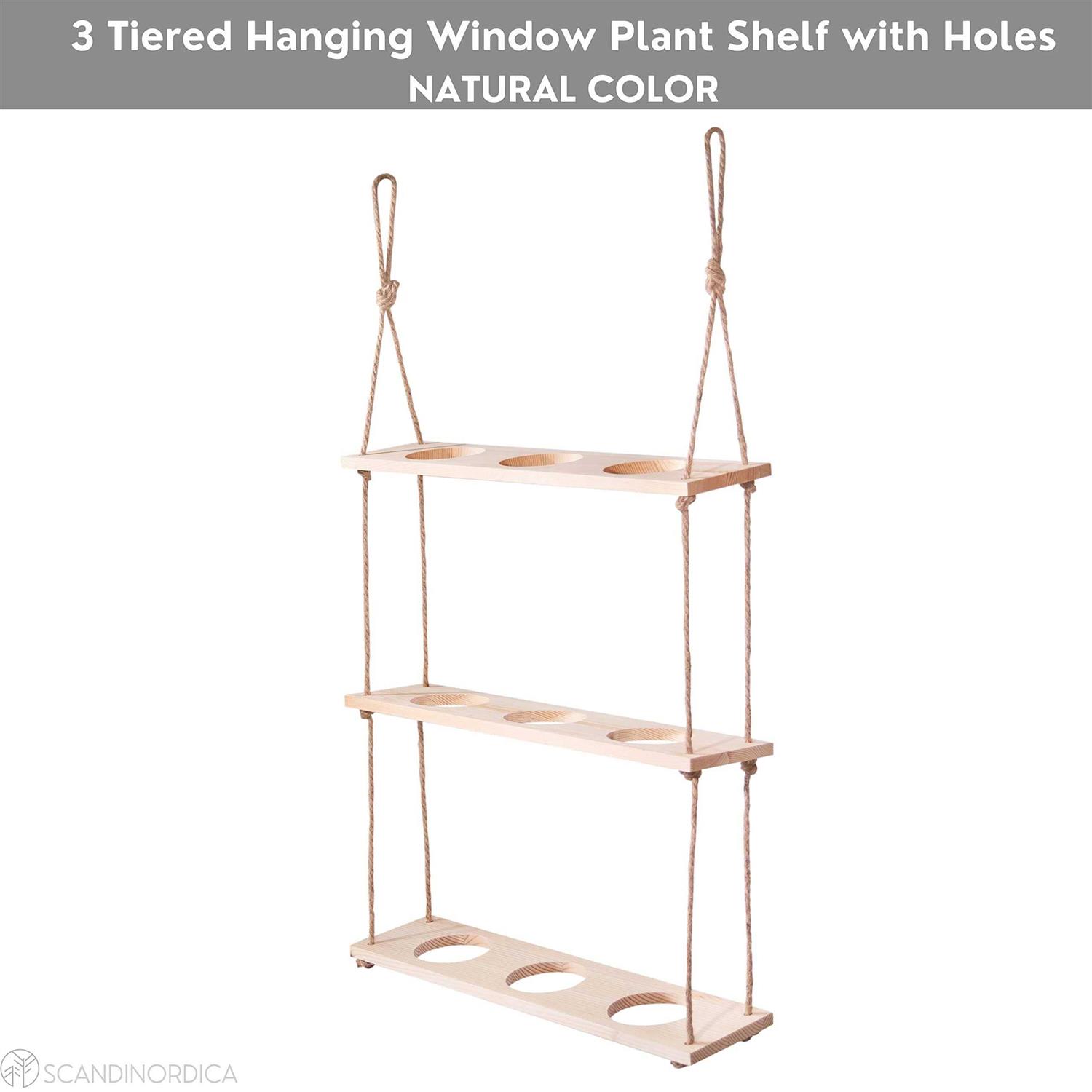 SCANDINORDICA Hanging Window Planter – 3 Tiered Wood Floating Window Herb Garden Shelf with Holes and Rope - Image 3