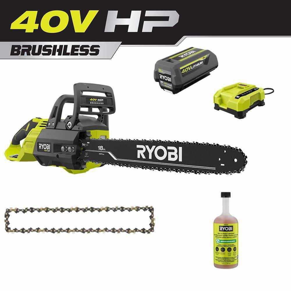 RYOBI 40V HP Brushless Battery Chainsaw w/Extra Chain