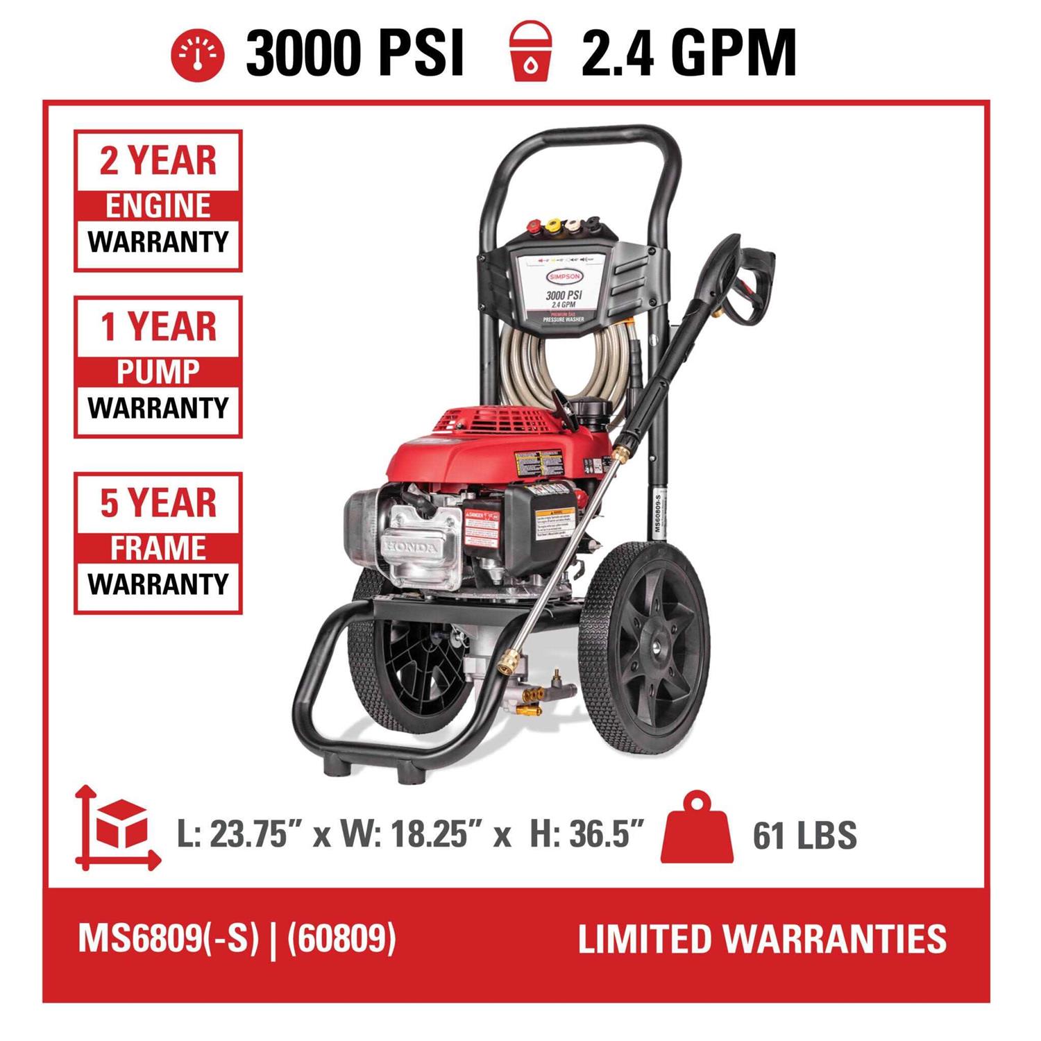 Simpson MegaShot MS60809 3000 PSI 2.4 GPM Honda GCV160 Gas Pressure Washer New MS60809-S - Image 4