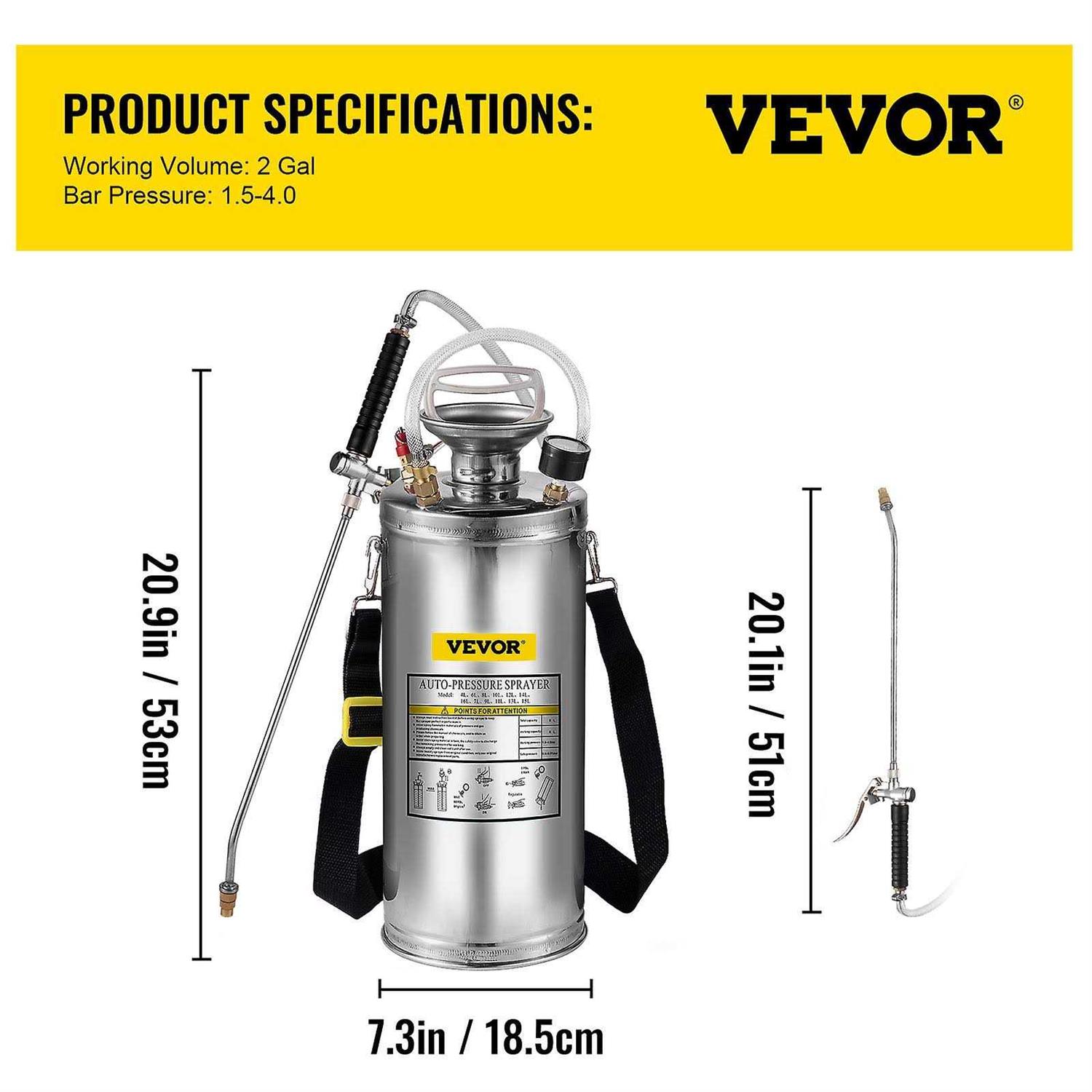 VEVOR 2 Gal Stainless Steel Industrial Hand-Pumped Sprayer PWQBXG8L000000001V0 - Image 5