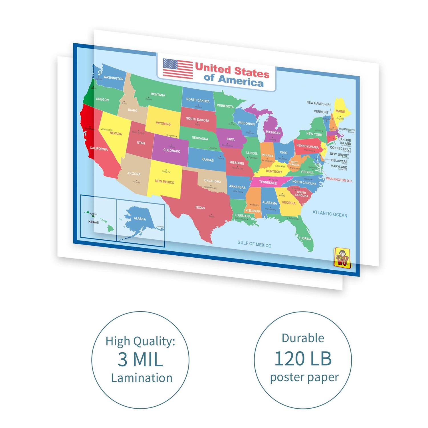 Uncle Wu United State Map Laminated Poster -Double Side Educational Poster For Kids/Adults - Image 3