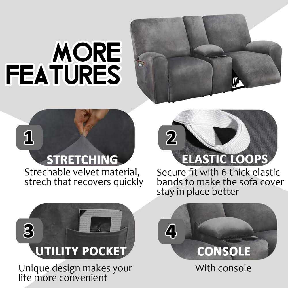 Ulticor Reclining Love Seat with Middle Console Slipcover 8-piece Velvet Stretch Loveseat Reclining Sofa Covers - Image 2