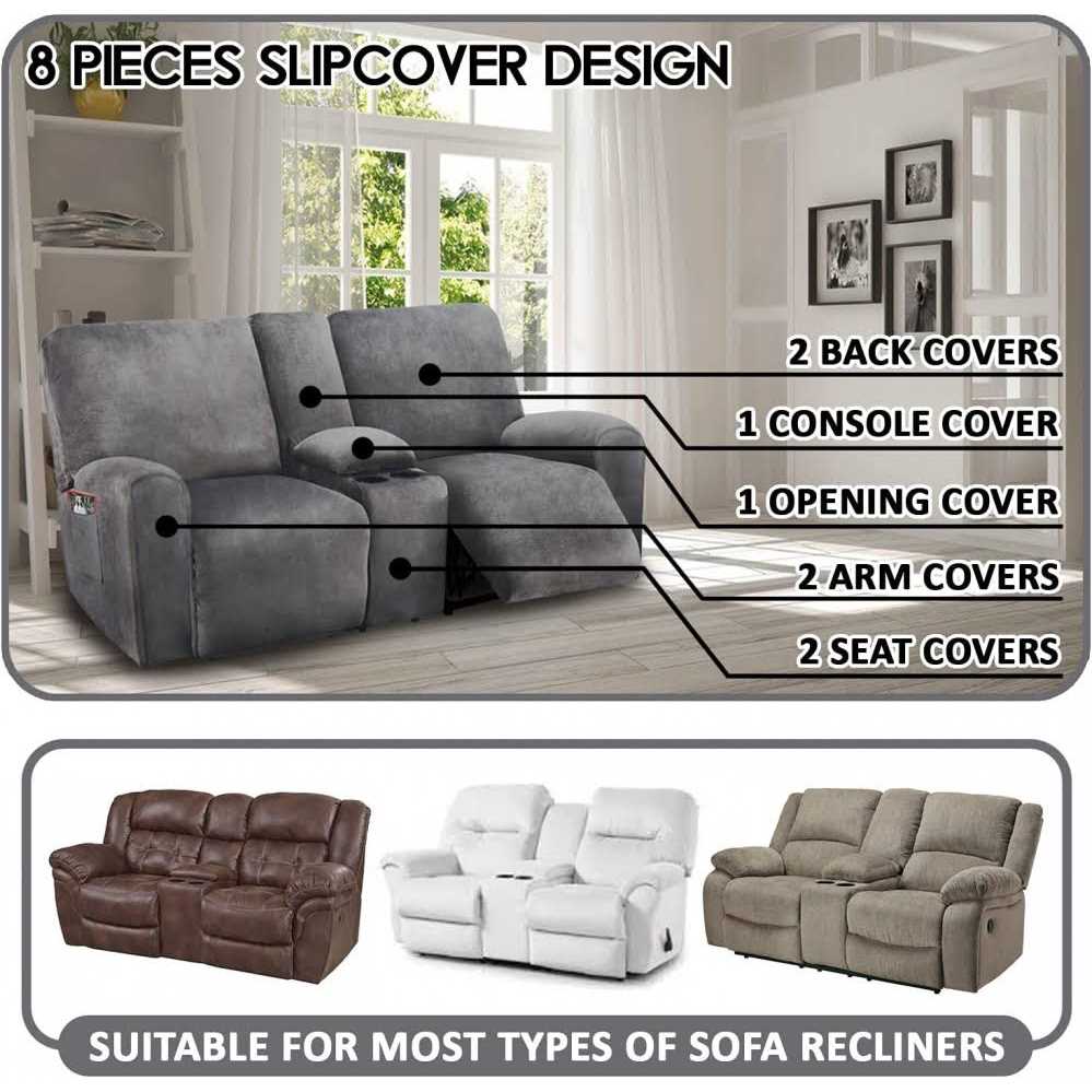 Ulticor Reclining Love Seat with Middle Console Slipcover 8-piece Velvet Stretch Loveseat Reclining Sofa Covers - Image 5