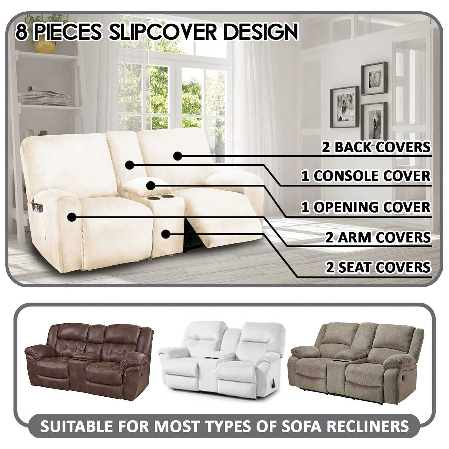Ulticor Reclining Love Seat with Middle Console Slipcover 8-piece Velvet Stretch Loveseat Reclining Sofa Covers - Image 3