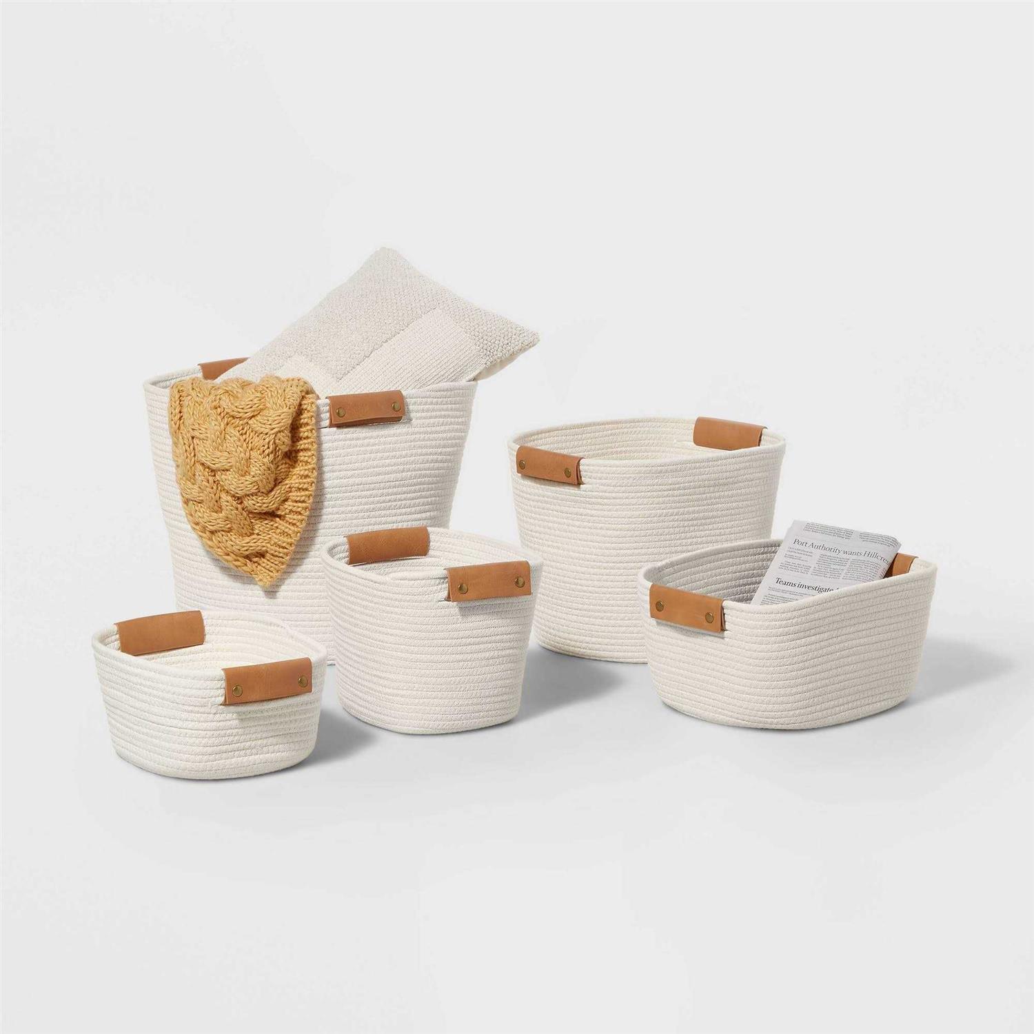 Threshold Collection 13 Decorative Coiled Rope Square Base Tapered Basket White - Image 5