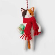 Wondershop Felted Wool Calico Cat Wearing Scarf Holding Gift Christmas Tree Ornament