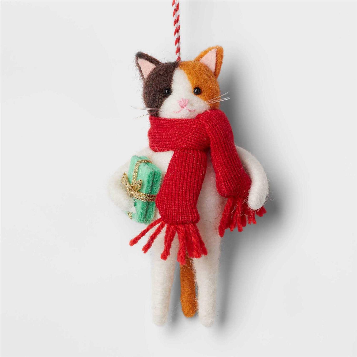 Wondershop Felted Wool Calico Cat Wearing Scarf Holding Gift Christmas Tree Ornament