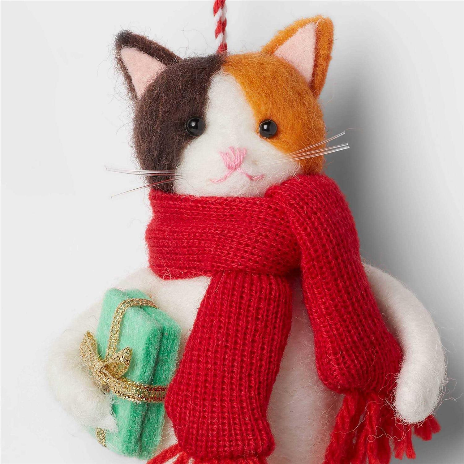Wondershop Felted Wool Calico Cat Wearing Scarf Holding Gift Christmas Tree Ornament - Image 2