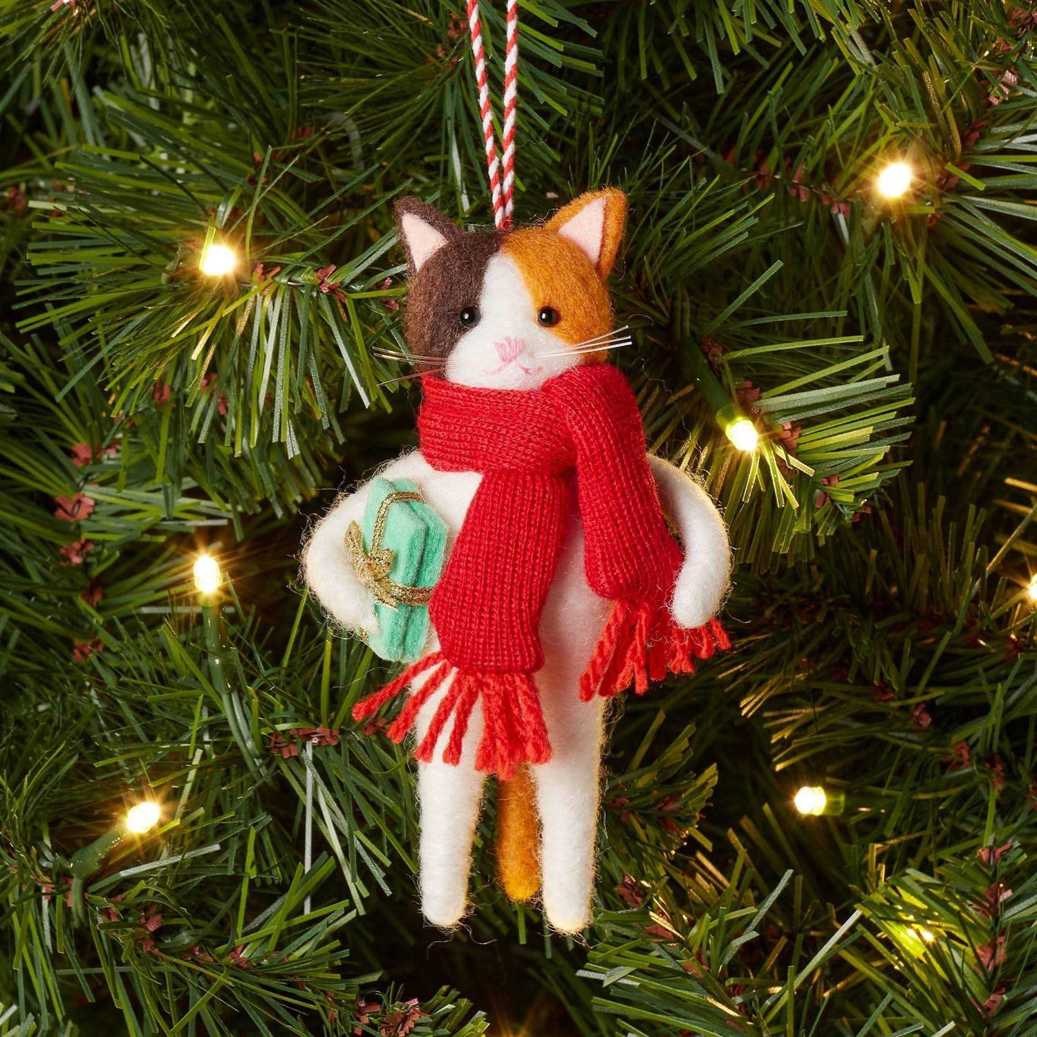 Wondershop Felted Wool Calico Cat Wearing Scarf Holding Gift Christmas Tree Ornament - Image 3