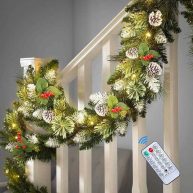 SHareconn 9FT Prelit Artificial Christmas Garland with Multi-Color Lights with Timer by Batteries Operated, Pine Cones and Red Berries