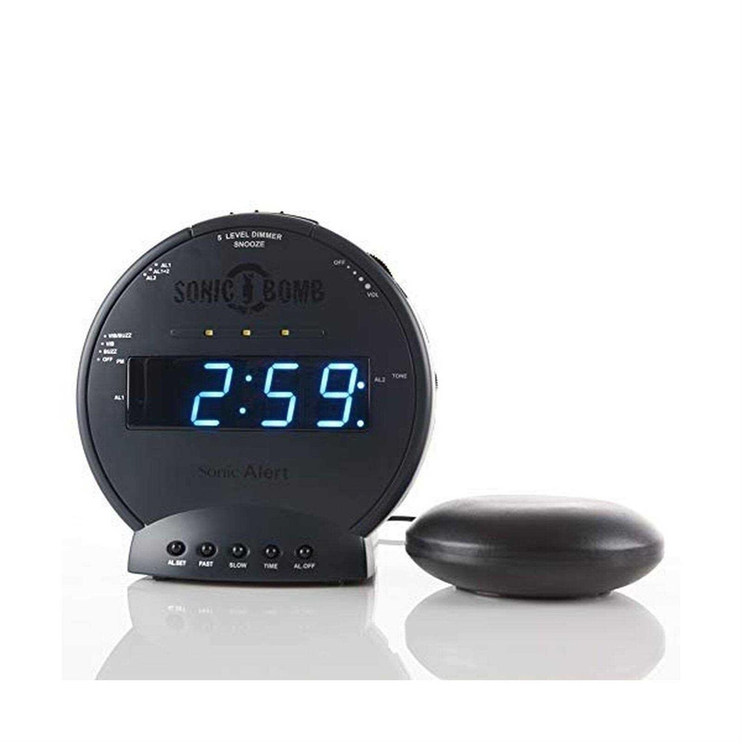 Sonic Alert Sonic Bomb Dual Alarm Clock with Bed Shaker Black Vibrating Alarm Clock Heavy Sleepers