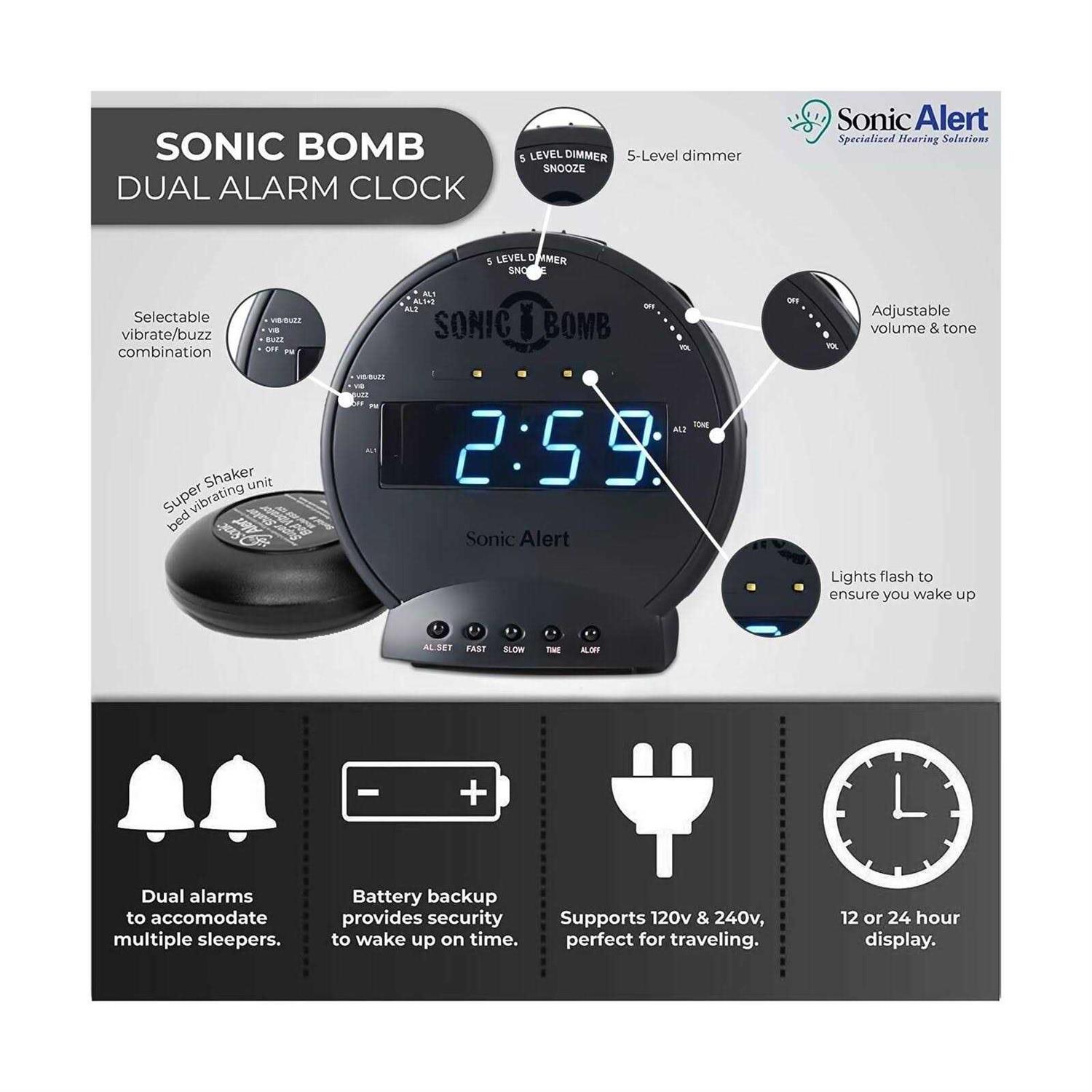 Sonic Alert Sonic Bomb Dual Alarm Clock with Bed Shaker Black Vibrating Alarm Clock Heavy Sleepers - Image 2