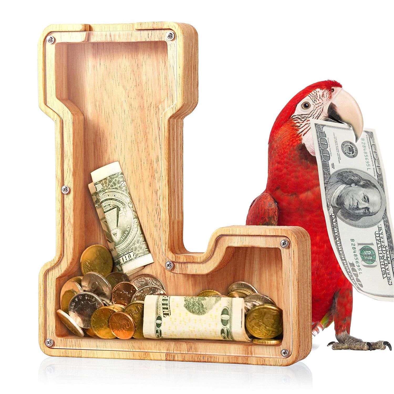 UBeesize Large Piggy Banks Twenty-Six English Alphabet Letter for Boys Girls, Wooden Personalized Bills and Coins Bank Money Box,DIY Name Birthday